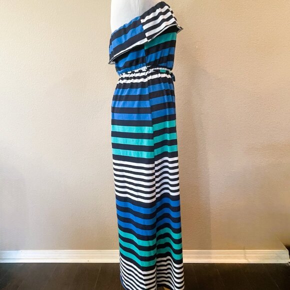 BCX Long Maxi Dress  Ruffled Halter Stretch Multicolor Horizontal Strip S - Picture 2 of 11